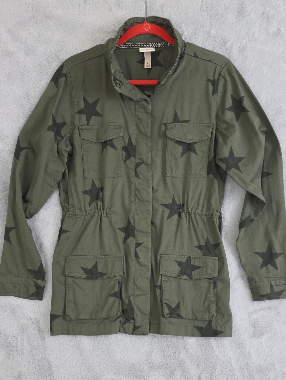 Knox Rose Olive Green Star Print Utility Jacket Women's Large Military Cargo Ano - Picture 2 of 13